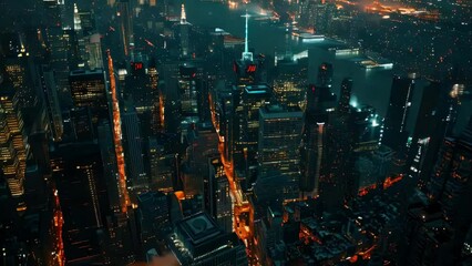 Wall Mural - city at night with many tall buildings and river