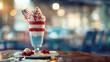 © Natalia - Red white and blue layered smoothie or milkshake in tall glass with USA flag on top. Decorating a holiday drink and food table. Independence Day or Memorial Day concept. 4th Of July background.