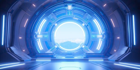 Wall Mural - a futuristic door with a strong sense of futurism with blue light neon view. space future technology