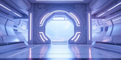 Wall Mural - a futuristic door with a strong sense of futurism with blue light neon view. space future technology