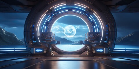 Wall Mural - a futuristic door with a strong sense of futurism with blue light neon view. space future technology