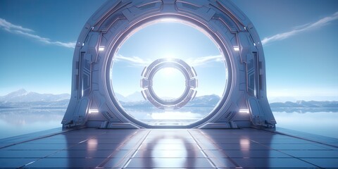 Wall Mural - a futuristic door with a strong sense of futurism with blue light neon view. space future technology