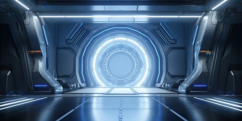 Wall Mural - a futuristic door with a strong sense of futurism with blue light neon view. space future technology