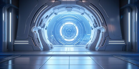 Wall Mural - a futuristic door with a strong sense of futurism with blue light neon view. space future technology
