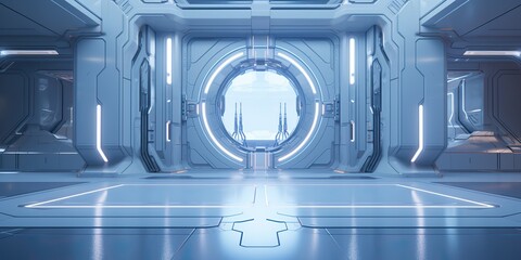 Wall Mural - a futuristic door with a strong sense of futurism with blue light neon view. space future technology