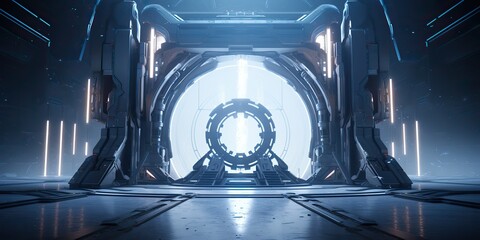 Wall Mural - a futuristic door with a strong sense of futurism with blue light neon view. space future technology