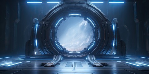 Wall Mural - a futuristic door with a strong sense of futurism with blue light neon view. space future technology