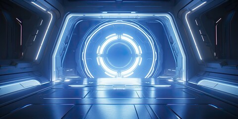 Wall Mural - a futuristic door with a strong sense of futurism with blue light neon view. space future technology