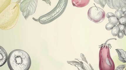 Sweet fruit and vegetable sketches decorating a pastel-colored canvas, providing a lovely spot for text insertion