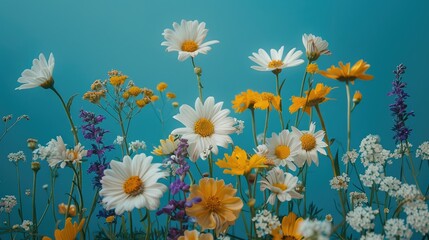 Arrangement of white yellow and purple blooms against a blue backdrop