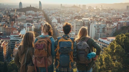 Four friends stand together, gazing out at the Barcelona skyline during a beautiful golden hour sunset. Friendship Day