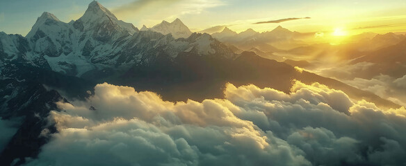 Wall Mural - the Himalayas, mountains with snow and clouds, golden hour