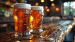 © svastix - Close-up of two frothy beers on a bar table with warm lighting and blurred background