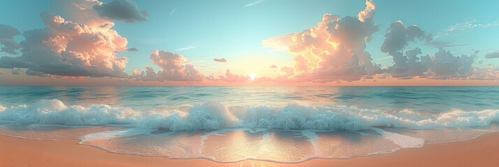 Wall Mural - panorama view of sunset beach abstract background. generative ai.