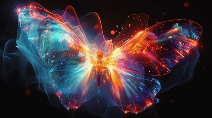 Wall Mural - An abstract image of a butterfly made of light and color, symbolizing transformation, joy, and the peacefulness that comes from within. Clipart illustration style, clean, Minimal,