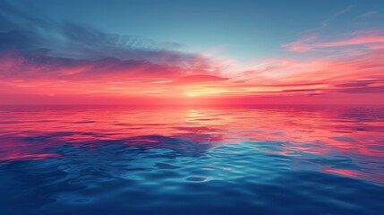 Wall Mural - A panoramic view of a calm ocean at sunset, with vibrant colors painting the sky and water, creating a sense of awe and peacefulness. Clipart illustration style, clean, Minimal,