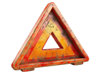 Close-up of a well-worn red and yellow triangular warning sign isolated on white background, symbolizing caution and safety measures.