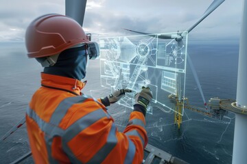 A maintenance engineer examines data on a digital display while standing on an offshore wind turbine platform.