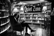 © AiHRG Design - A man sits in a plush armchair in a library corner, reading a book. The shelves are filled with books, and a sign above reads Quiet Zone.