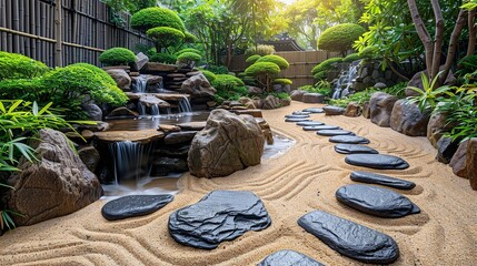 Sticker - A peaceful zen garden with meticulously raked sand, carefully placed stones, and a small water feature, embodying tranquility and mindfulness. Clipart illustration style, clean, Minimal,