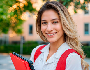 A female young student woman holding a tablet in a white blouse and red backpack