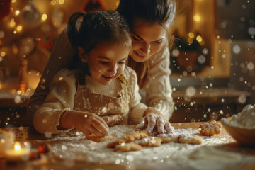 A mother and daughter baking cookies together in a cozy kitchen, with flour on their faces and a sense of joy and closeness filling the room.. AI generated.