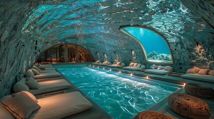 A luxurious indoor swimming pool with a unique cave-like ceiling featuring an underwater view. The pool is surrounded by lounge chairs, creating a relaxing and serene atmosphere