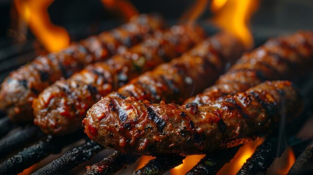 Close-up of juicy sausages cooking on a grill with flames licking the succulent meat, capturing the essence of a barbecue