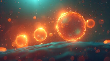 Wall Mural - mesmerizing scene with abstract orange spheres glowing over turquoise waves, creating a modern, vibr