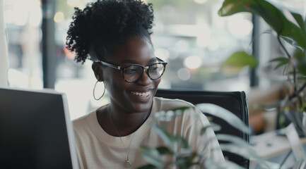 Wall Mural - Happy candid young black woman using desktop computer in bright creative agency office. Ethnic inclusion & diversity in DEIB workplace