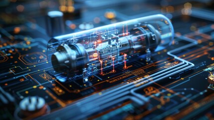 Poster - A blueprint of a hydrogen fuel cell system with detailed technical annotations.