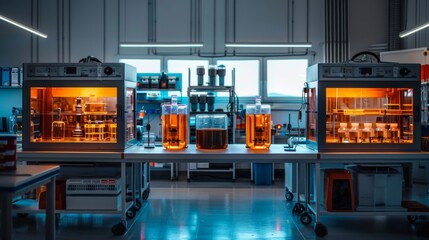 A brightly lit laboratory with various hydrogen fuel cell prototypes displayed on workbenches.