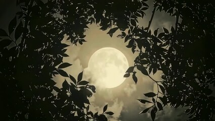 Wall Mural - large moon is shining through leaves of tree