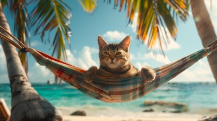 Wall Mural - A cat wearing a superhero costume relaxes in a hammock strung between two palm trees on a tropical beach.