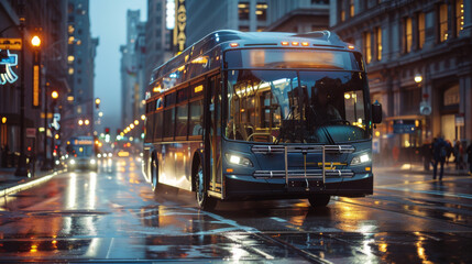 Wall Mural - A city bus powered by a hydrogen fuel cell quietly glides down a busy street, emitting no emissions.