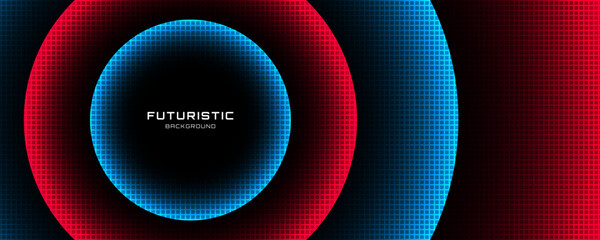 3D techno abstract background overlap layer on dark space with red blue glow effect decoration. Graphic design element modern style. Circles shape concept for web, flyer, art, card, cover, or brochure