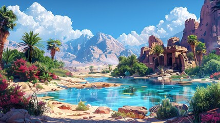 Poster - A hidden oasis in a barren desert, with crystal-clear water surrounded by lush vegetation, exotic flowers in full bloom, and ancient ruins hinting at a lost civilization. Clipart illustration style,