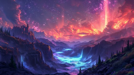 Sticker - A mystical, hidden valley with a river of liquid light flowing through it, surrounded by lush, glowing vegetation, ancient ruins covered in moss, and a sky filled with swirling, colorful auroras.