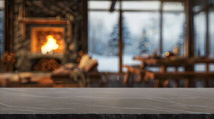 Cozy winter cabin interior with empty table. Invite warmth and comfort into designs with this cozy winter cabin interior featuring an empty table, perfect for showcasing products.