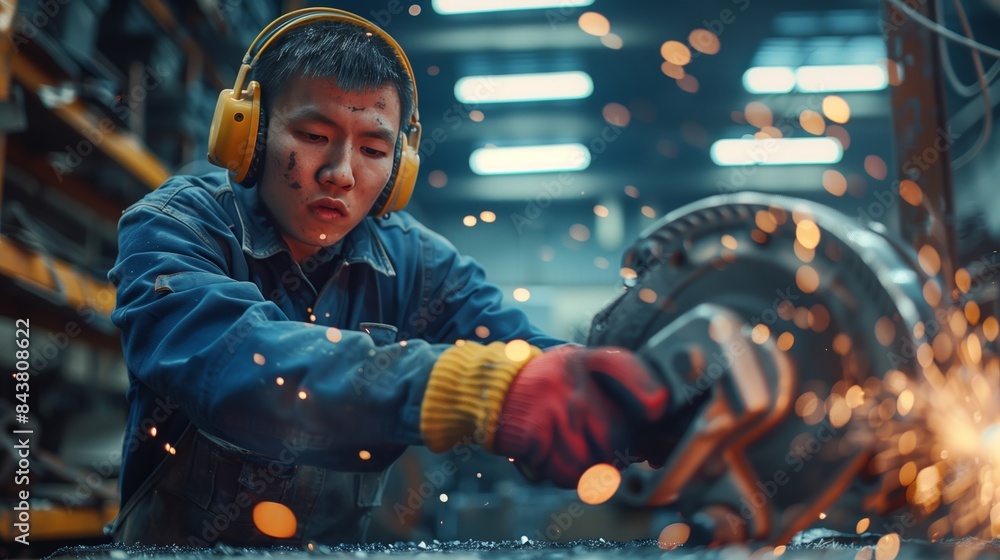 An Asian male worker wearing navy blue work , red gloves and yellow ear ...