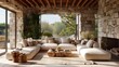 © ifoto - An outdoor living area with natural stone walls, large windows overlooking the Mediterranean countryside, and an open-air fireplace for cozy autumn nights.