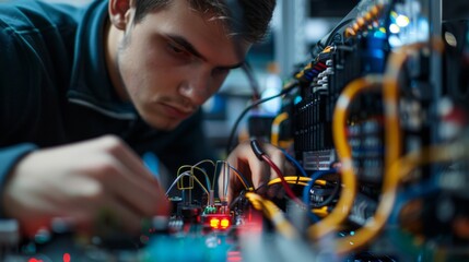 Wall Mural - A close-up shot of a technician connecting cables and wires to a hydrogen fuel cell prototype.