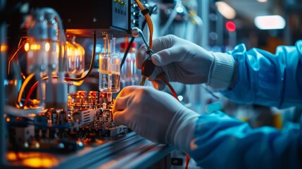 Wall Mural - A close-up shot of a technician connecting cables and wires to a hydrogen fuel cell prototype.