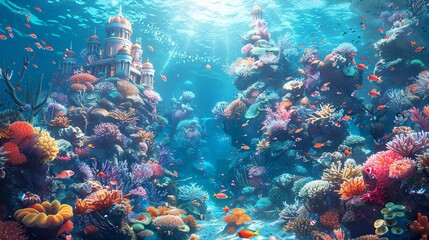 Wall Mural - A serene underwater kingdom with coral palaces, schools of exotic fish swimming amidst vibrant coral reefs, and mermaids gracefully navigating through the clear, azure waters. Clipart illustration