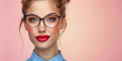 Wall Mural - Close up portrait of a young woman with red hair, wearing round glasses and bright red lipstick, smiling. Generated by AI.