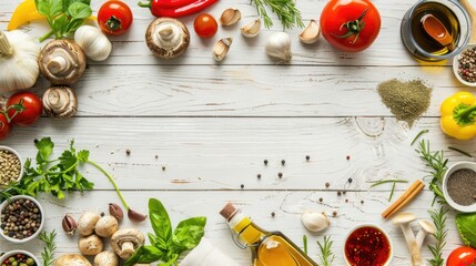 Food and cooking background banner. white wooden table with vegetables, spices and ingredients with mushrooms. top view, copy space