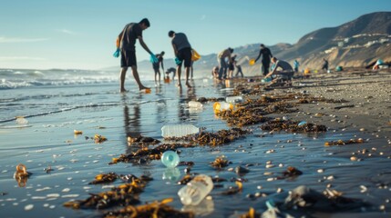 A group of volunteers cleaning up a polluted beach, highlighting environmental justice issues.