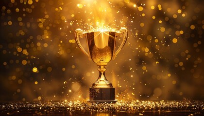 Golden Trophy with Sparkling Bokeh Background - Celebratory Award Concept for Achievement, Success, and Victory in Competitions, Sports, and Business
