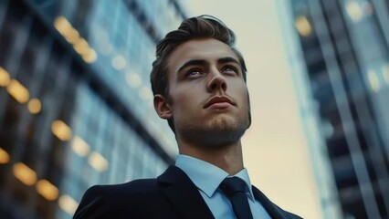 Canvas Print - Man in suit and tie stands in front of building, looking up at sky