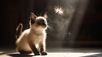 A mischievous Siamese cat crouches in a fighting stance, bathed in a spotlight, wearing a domino mask as it playfully swats at a dangling feather toy.